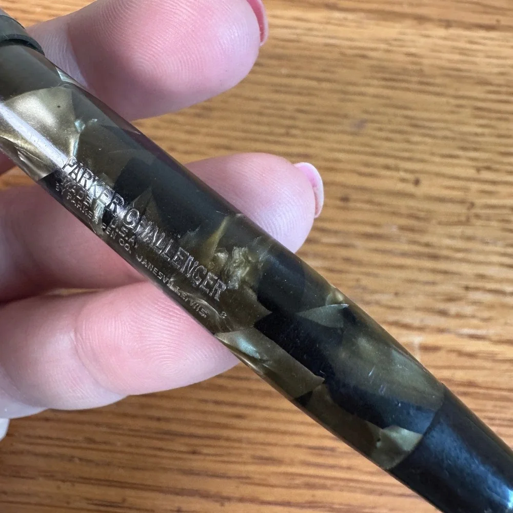 Vintage Parker Challenger Fountain Pen Green Marble Celluloid Button Filler USA